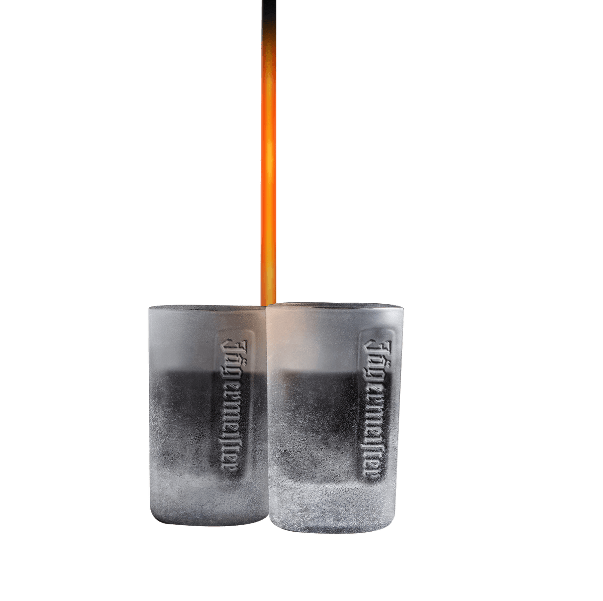 Two frosted glass tumblers with a dark gradient design and embossed 'Tigermeltern' branding, shown on a white background with a vertical orange flame behind them.