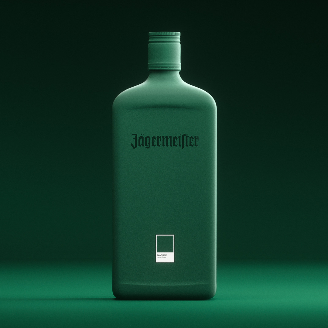 A matte dark green bottle of Jägermeister centered against a matching dark green studio background. The bottle has the brand name 'Jägermeister' printed in green on the front and a small square PANTONE label near the bottom.
