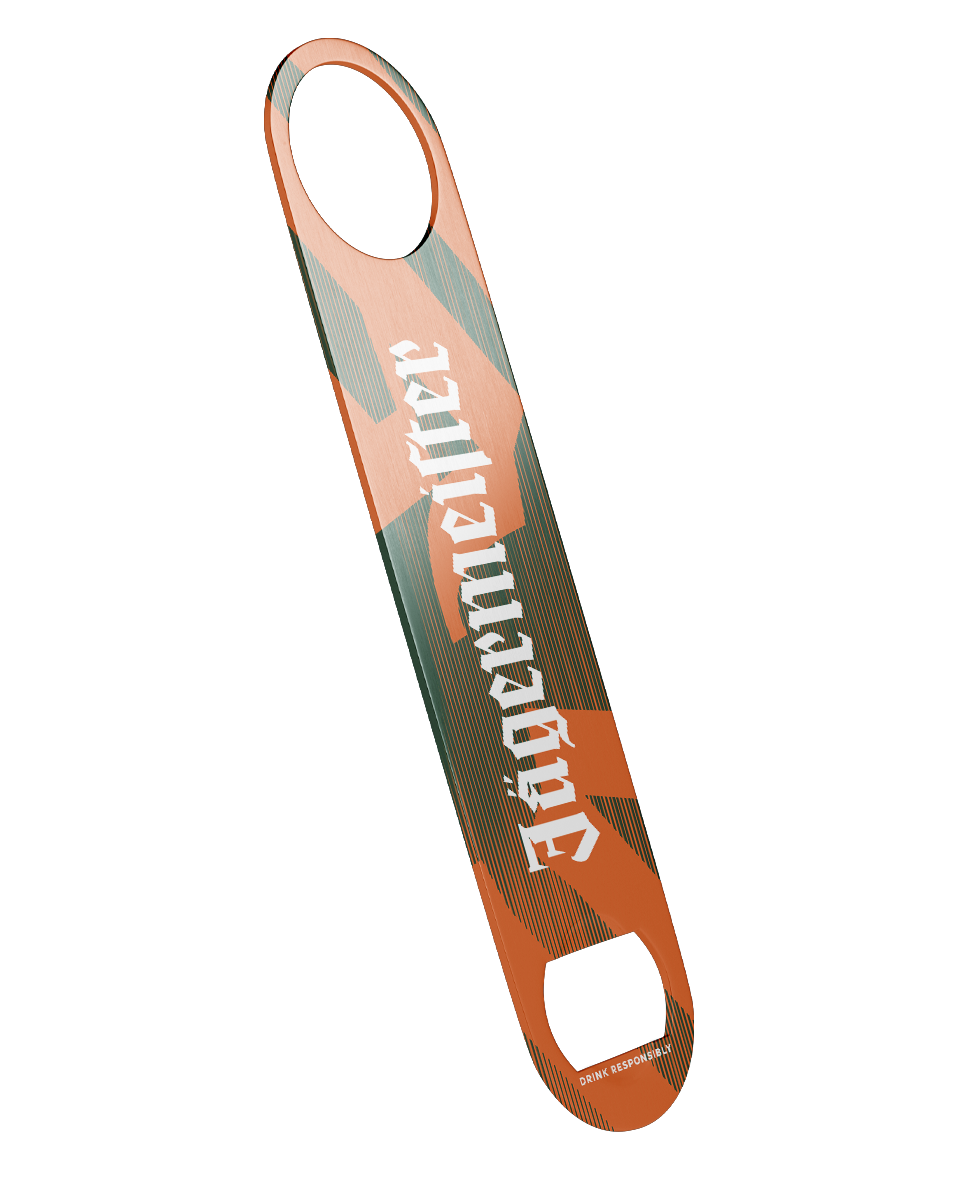 Jägermeister speed bottle opener in green and orange featuring a striped graphic pattern and bold white Jägermeister logo, shown in full length.