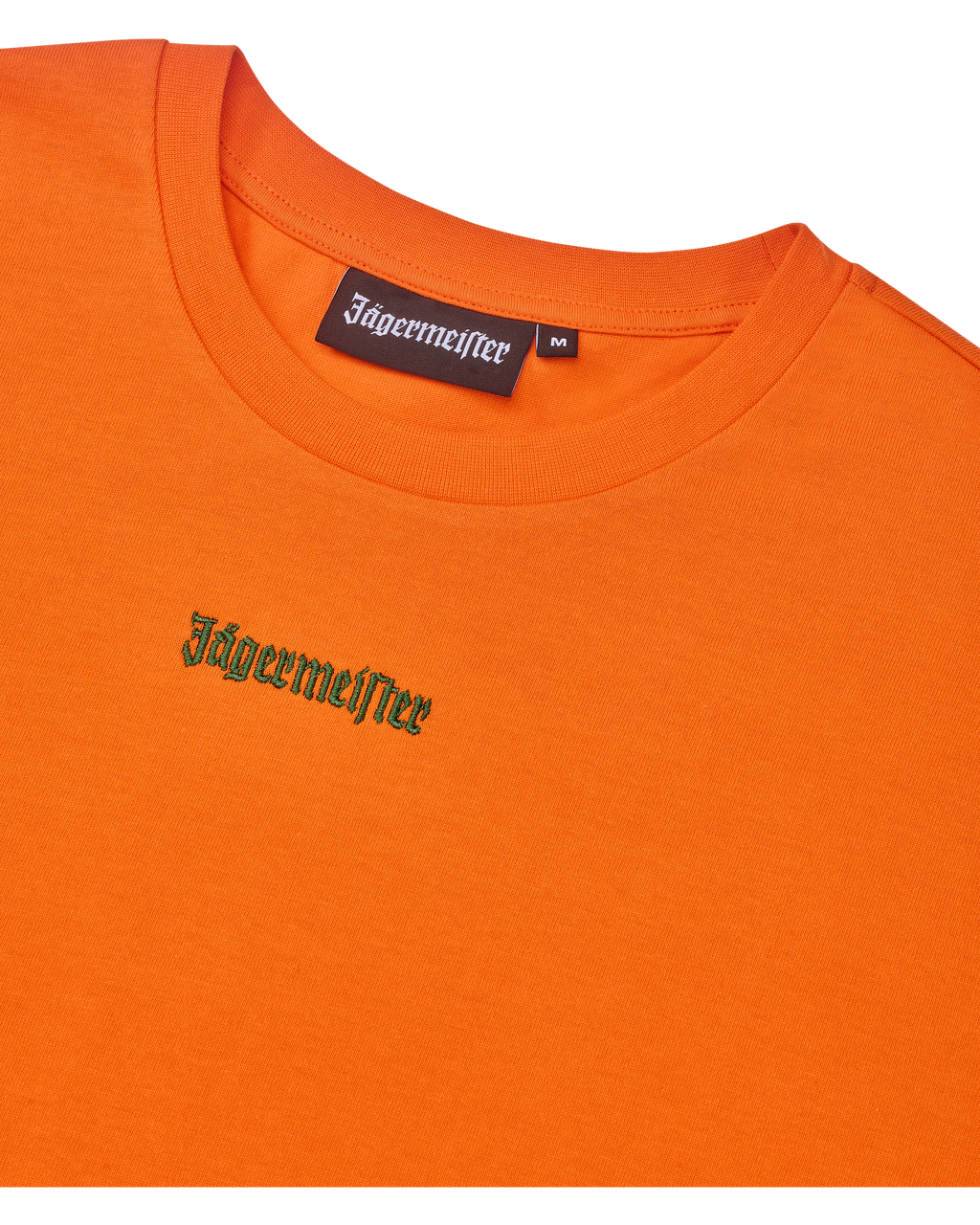 T-shirt court orange avec logo vert Jägermeister.