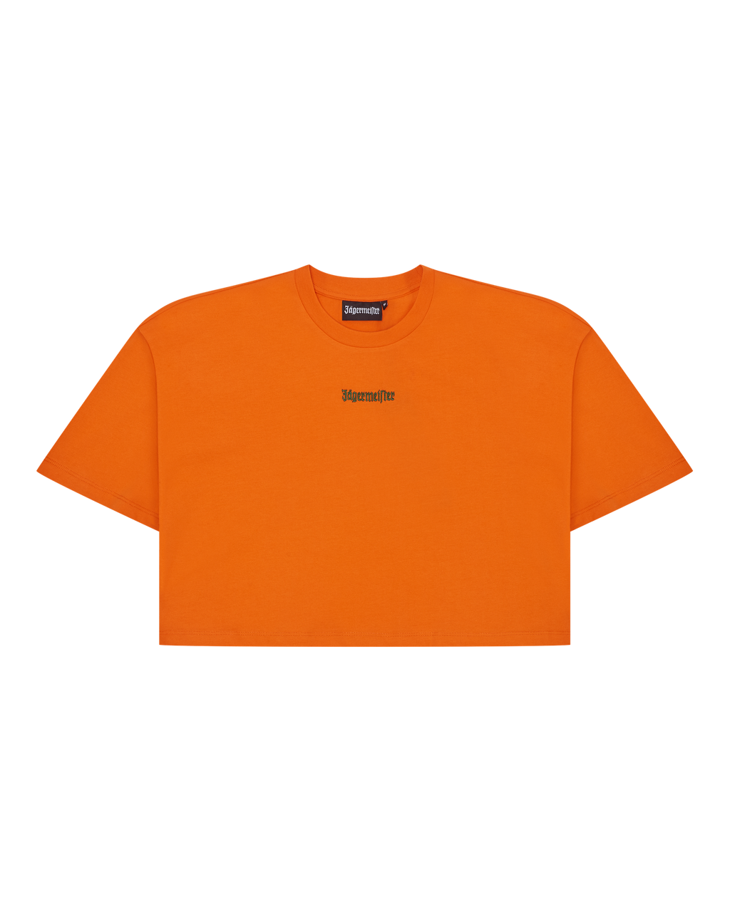 T-shirt court orange Jägermeister avec logo vert de la marque.