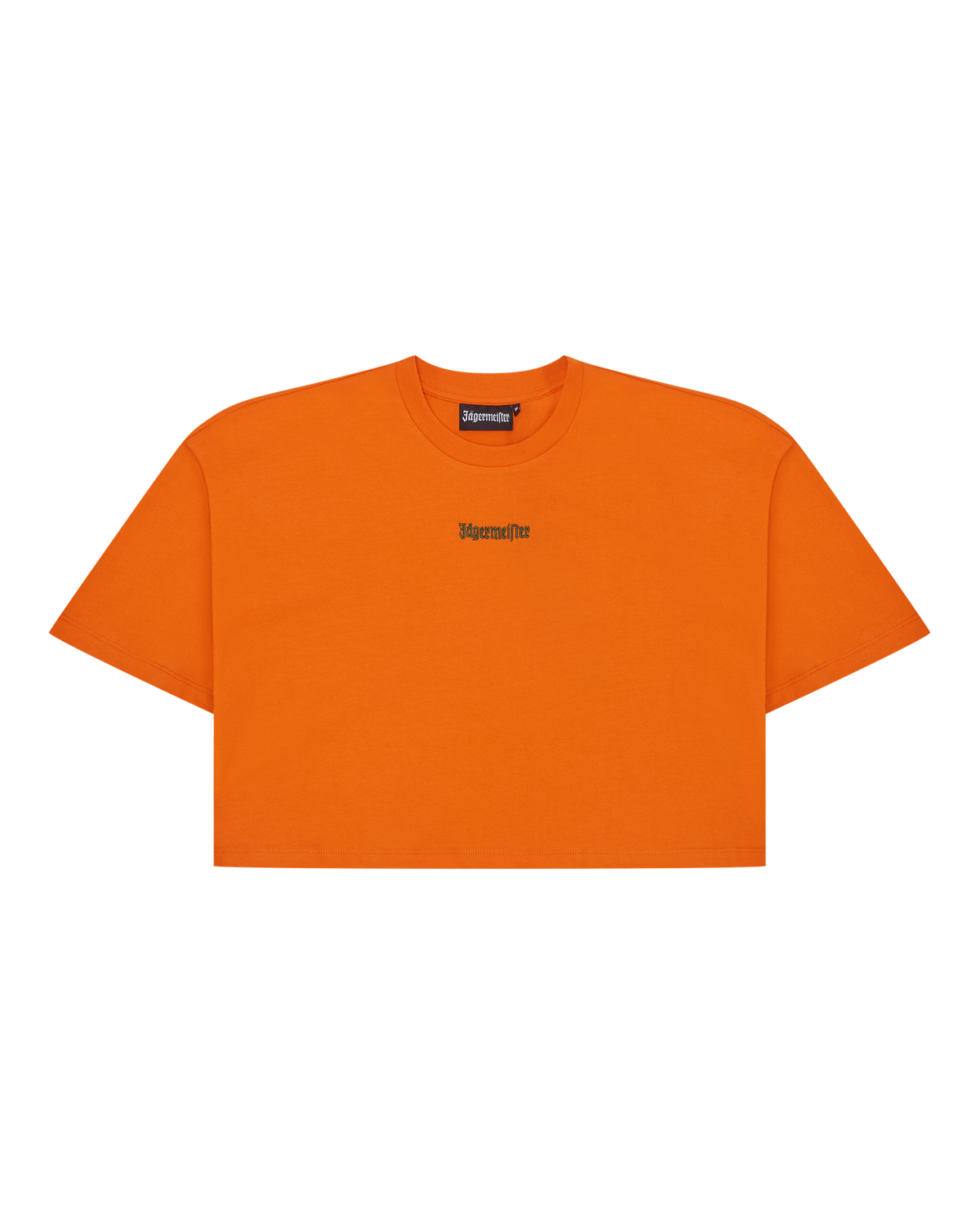 Orange Jägermeister cropped tee with a green brand logo.