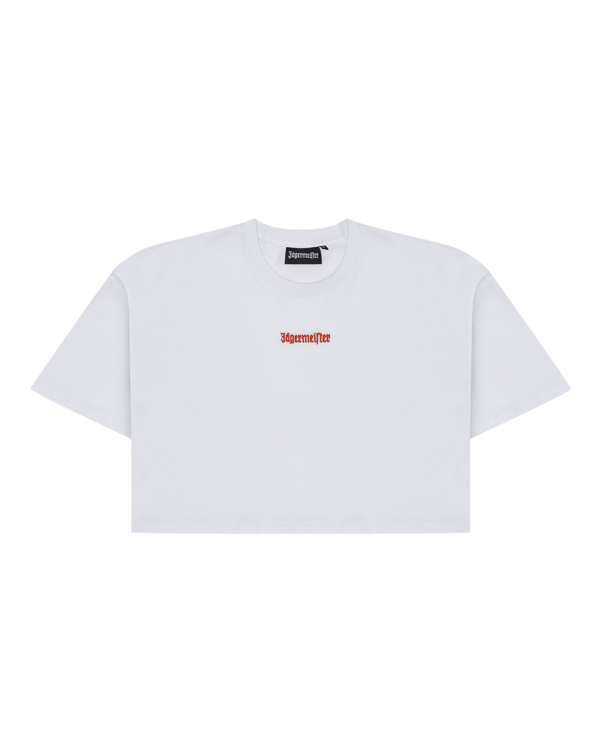 White Jägermeister cropped tee with an orange Jägermeister wordmark.