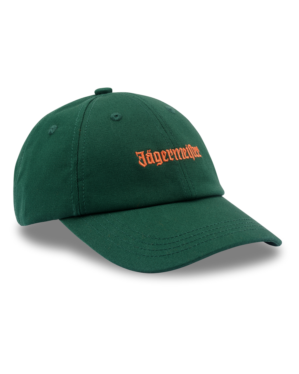 Casquette dad verte Jägermeister avec logo wordmark orange Jägermeister sur le devant.
