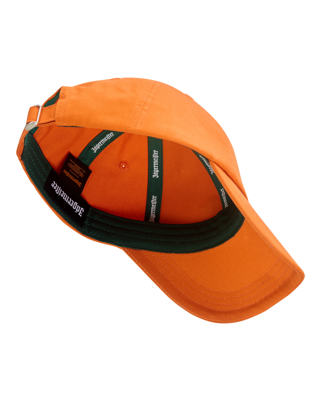 Casquette de baseball Jägermeister orange avec visière verte.