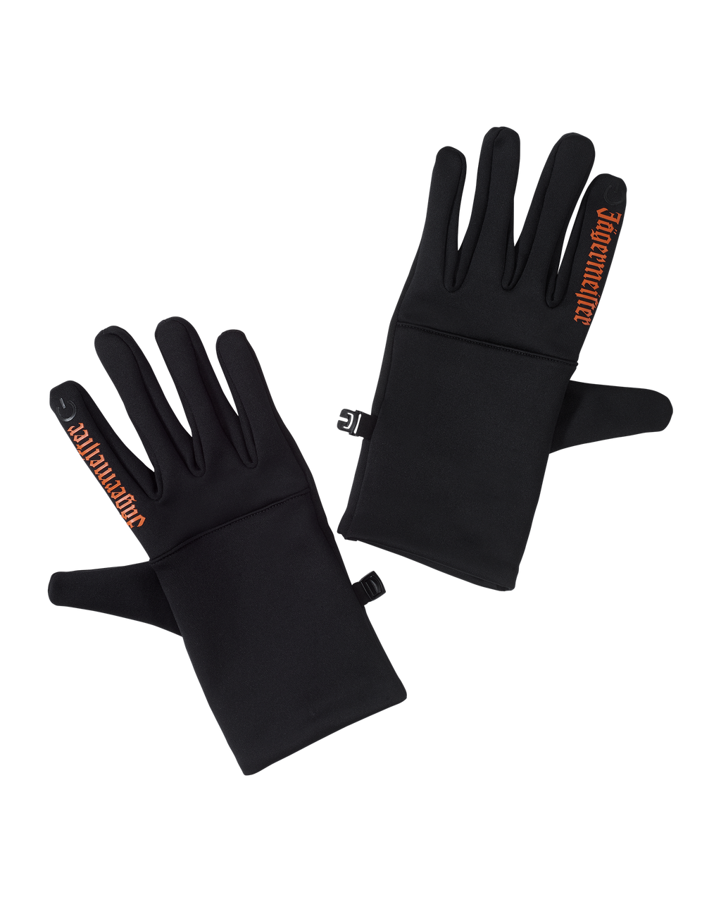 Gants Jägermeister noirs avec wordmark Jägermeister orange sur l’index.