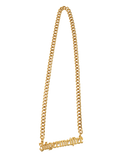 Gold chain necklace with 'Jägermeister' pendant.