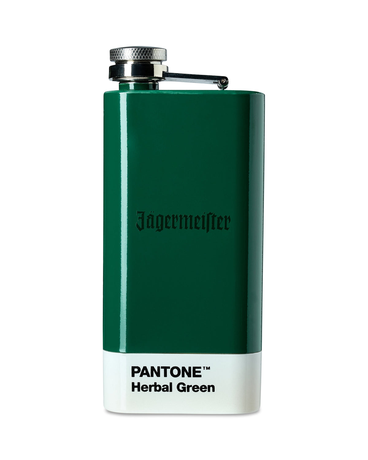 Green flask with 'Jägermeifter' and 'Pantone Herbal Green' text on a white background