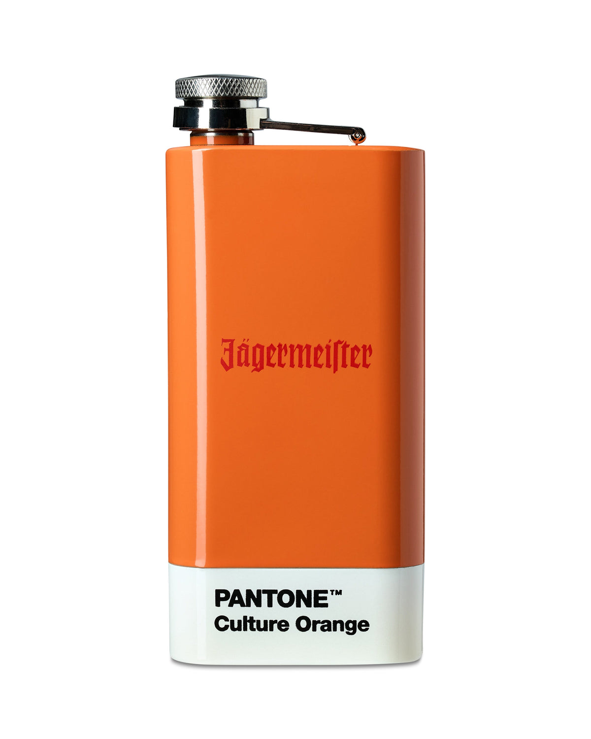 Orange flask with Jägermeister and Pantone Culture Orange text on a white background