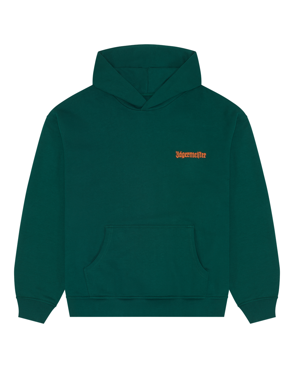 Sweat à capuche vert avec un logo orange de la marque sur la poitrine.