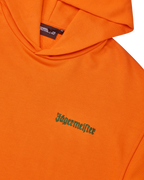 Sweat à capuche orange avec wordmark vert Jägermeister sur la poitrine.