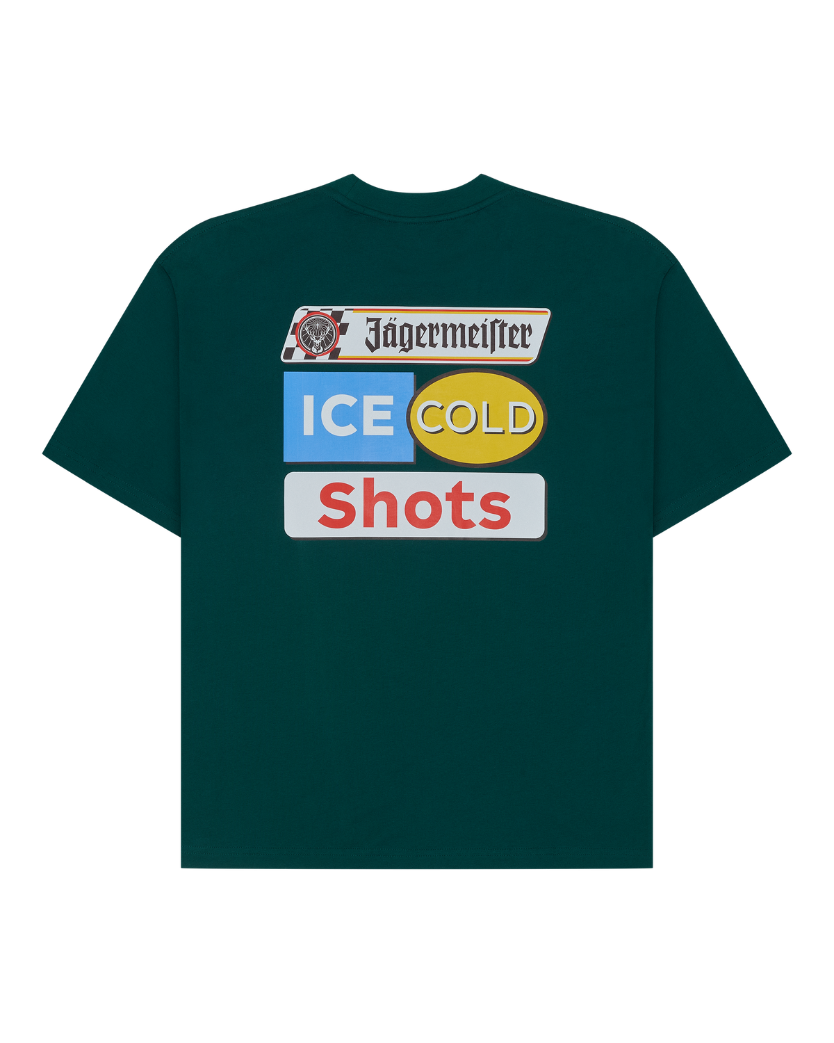 Green t-shirt with Jägermeister 'Ice Cold Shots' branding on the back of the t-shirt.