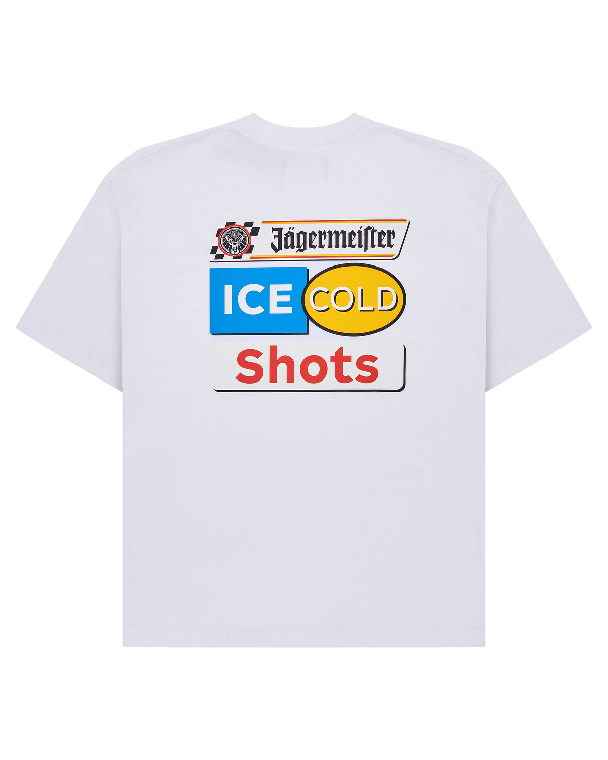 White Jägermeister t-shirt with Ice Cold shots Jägermeister branding on the back  of the t-shirt.
