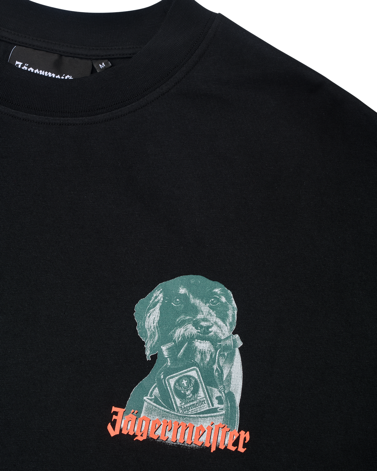 Black Jägermeister T-shirt featuring a small dog graphic logo on the chest.