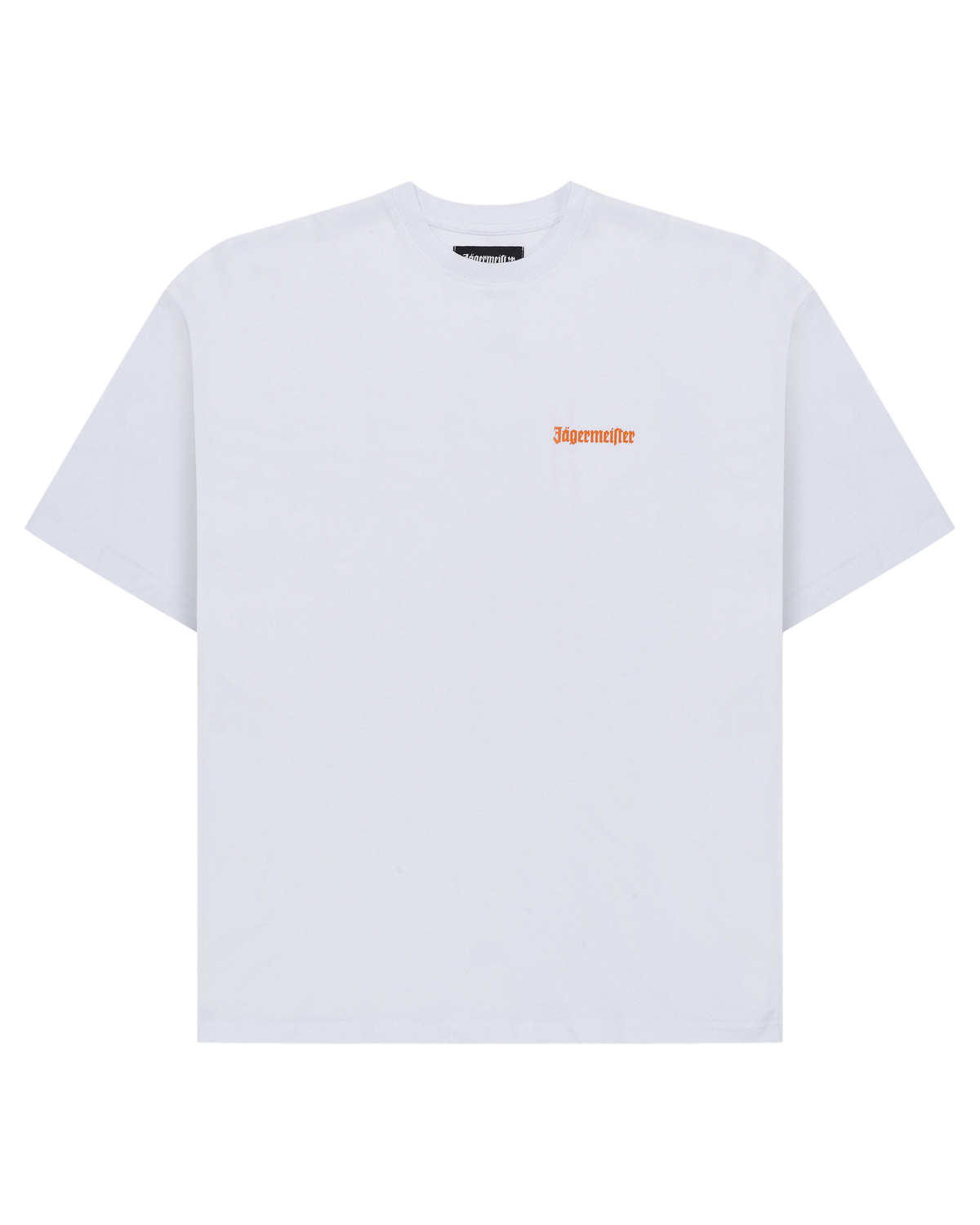 White t-shirt with an orange Jägermeister logo on the chest.