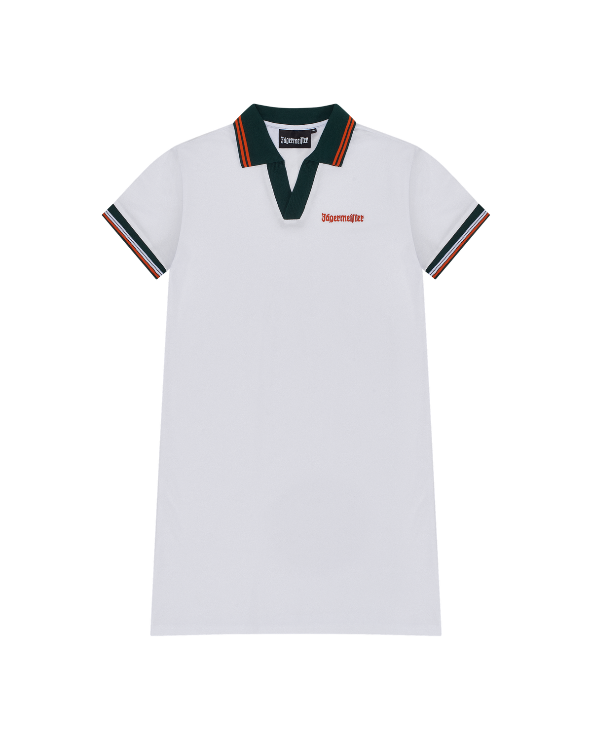 White polo dress with green trim and orange Jägermeister wordmark on the chest