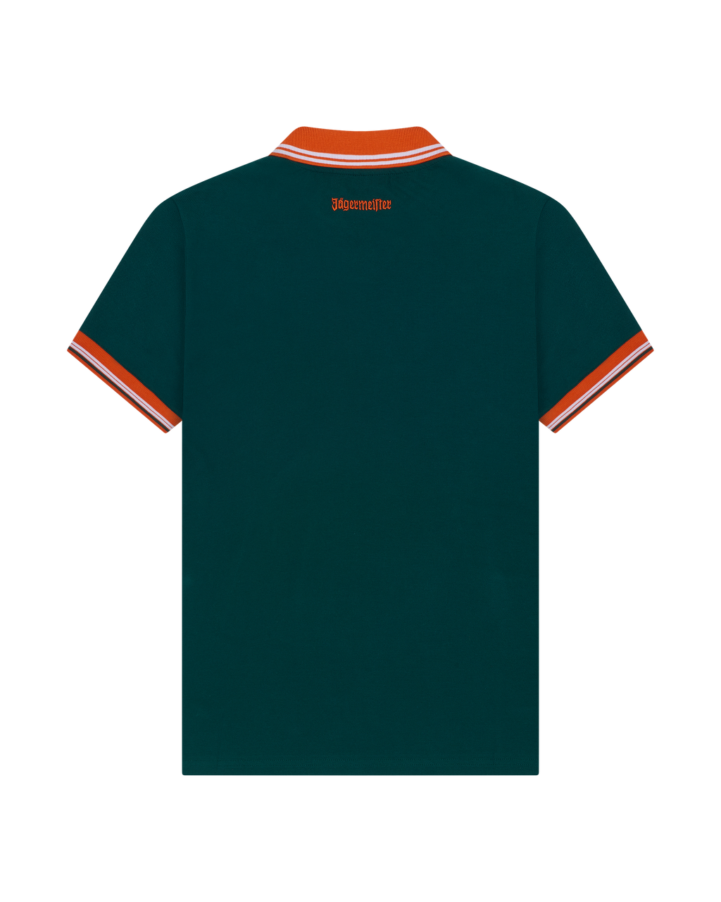 Polo Jägermeister vert avec liserés orange.
