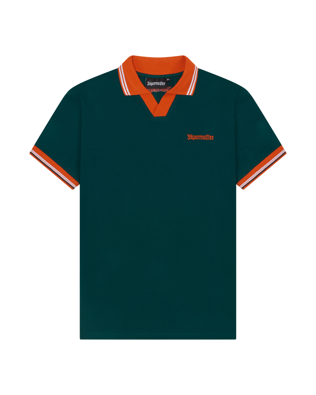Polo Jägermeister vert avec accents orange.