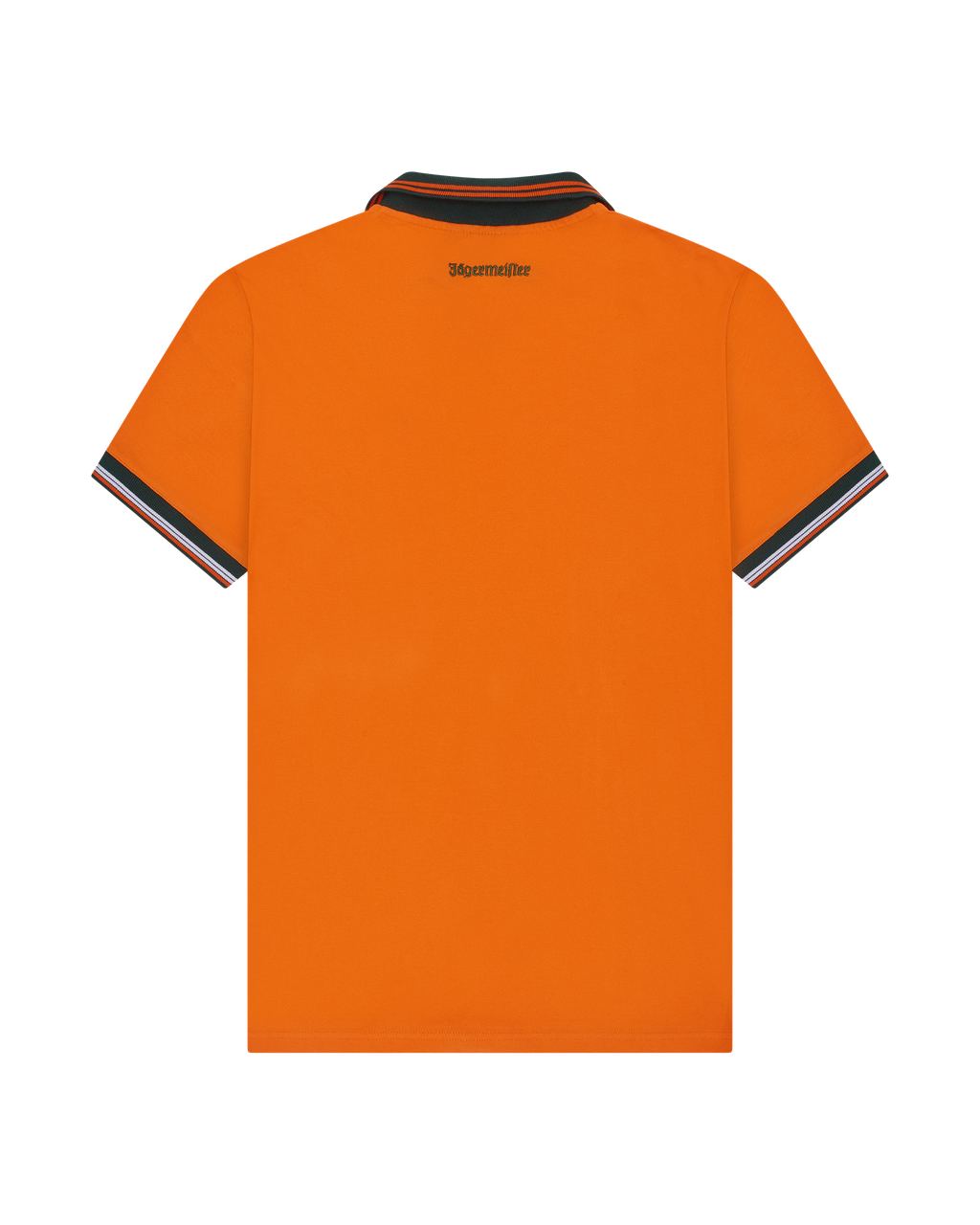 Polo Jägermeister orange, vue de dos, avec liserés blancs et orange.