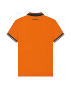 Polo Jägermeister orange, vue de dos, avec liserés blancs et orange.