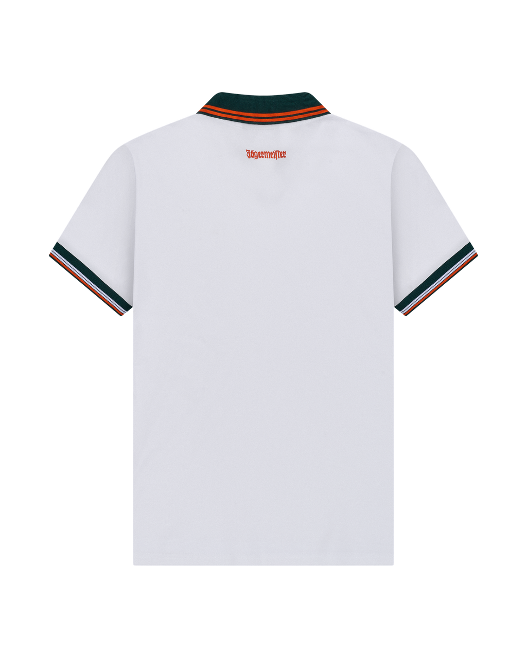 Polo Jägermeister blanc, vue de dos, avec liserés verts et orange.