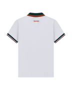 Polo Jägermeister blanc, vue de dos, avec liserés verts et orange.
