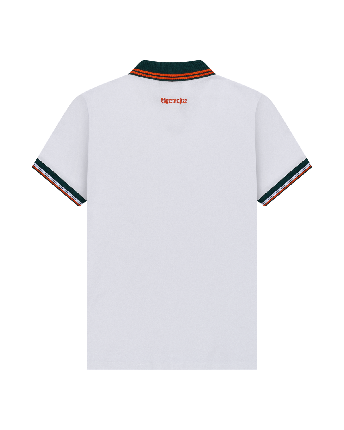 Polo Jägermeister blanc, vue de dos, avec liserés verts et orange.