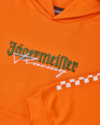 Sweat à capuche orange avec logo Jägermeister Racing blanc et vert.