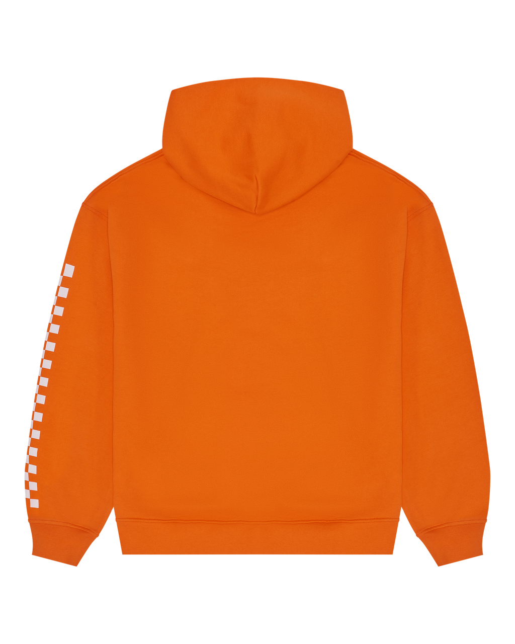 Sweat à capuche orange Jägermeister Racing avec motif à carreaux blancs sur les manches.