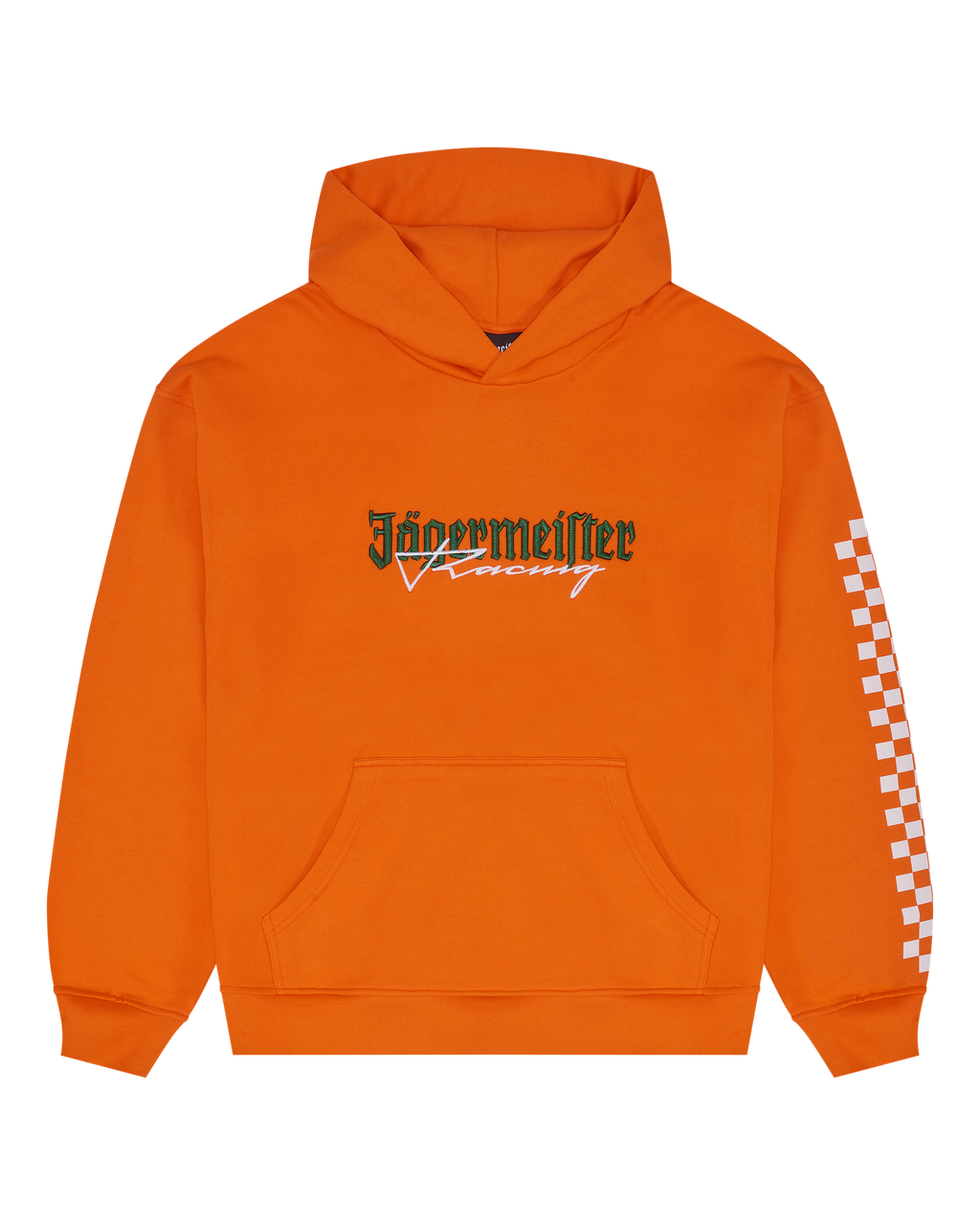 Sweat à capuche orange Jägermeister Racing vu de face.