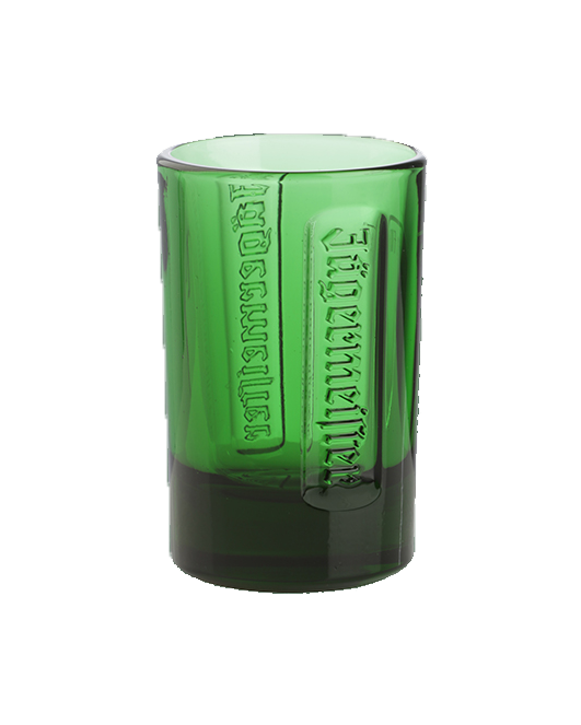 Green shot glas with embossed Jägermeister wordmark 