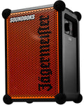 Haut-parleur portable Soundboks orange et noir avec la marque « Jägermeister »