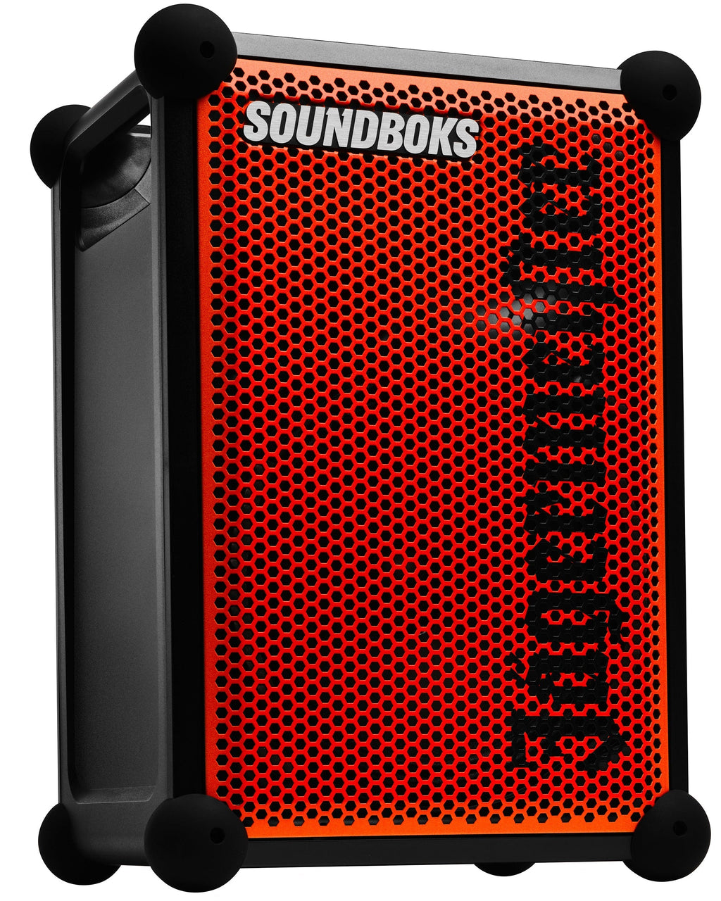 Haut-parleur portable Soundboks orange et noir avec la marque « Jägermeister »