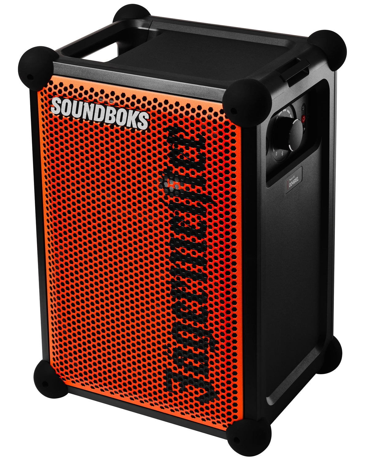 Orange and black portable Soundboks speaker with 'Jägermeister' branding