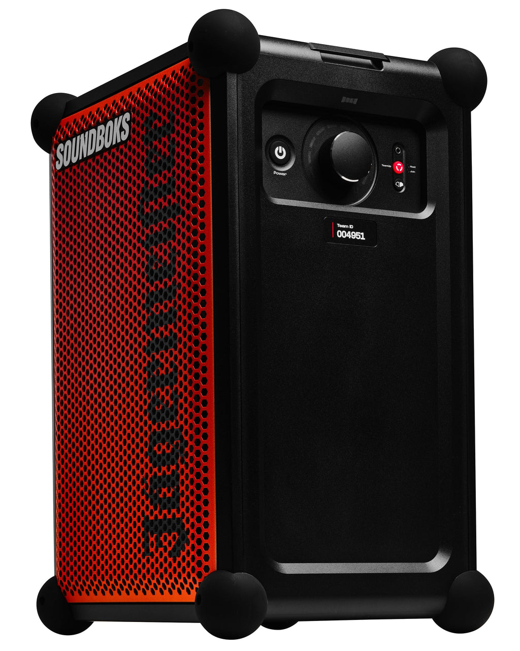 Haut-parleur portable Soundboks orange et noir avec la marque « Jägermeister »