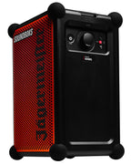 Haut-parleur portable Soundboks orange et noir avec la marque « Jägermeister »