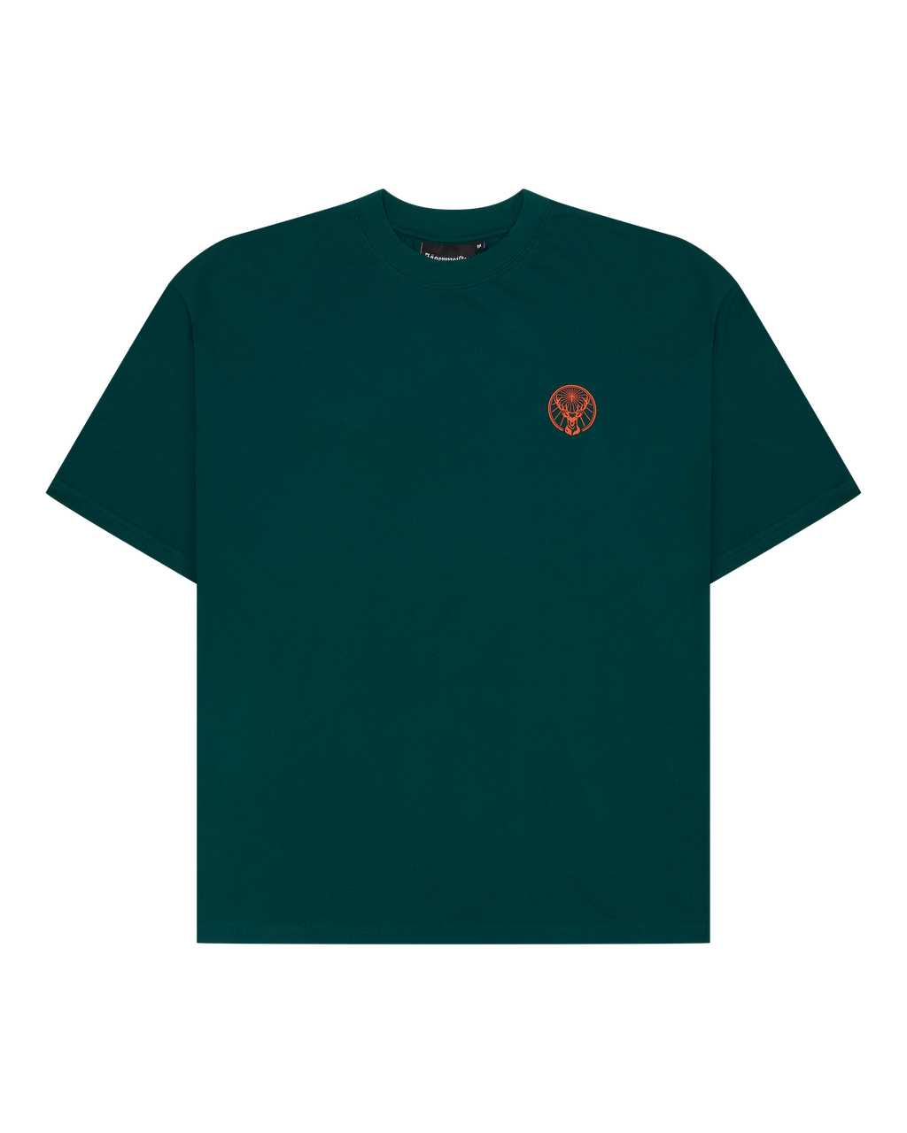 Green t-shirt with a small orange Jägermeister on the chest.