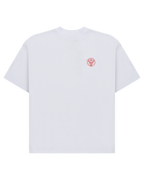 White t-shirt with a small orange Jägermeister logo on the chest.