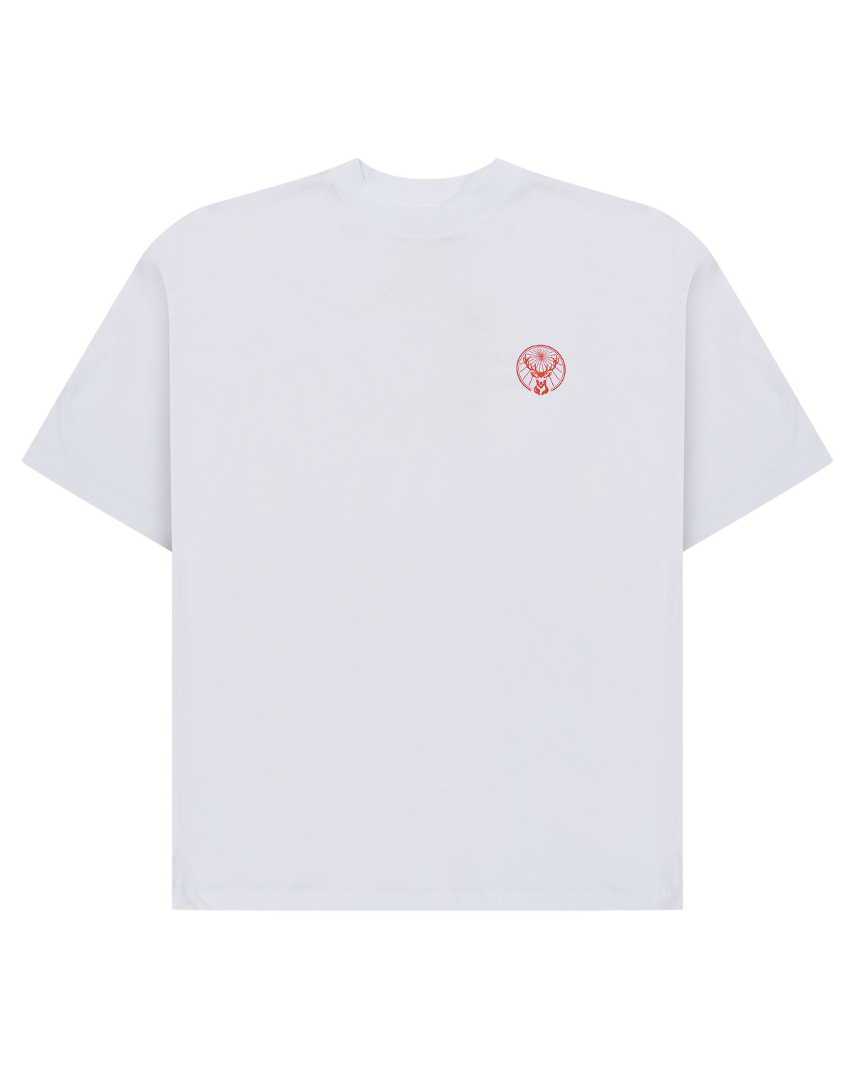 White t-shirt with a small orange Jägermeister logo on the chest.