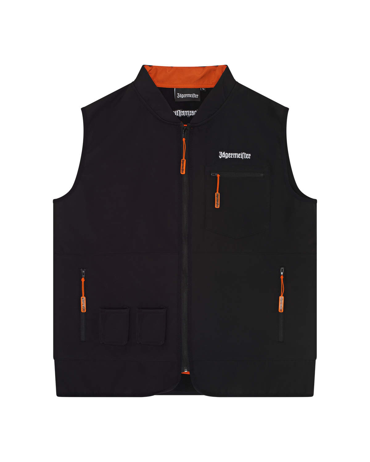 Black vest with orange zippers and white Jägermeister wordmark branding.
