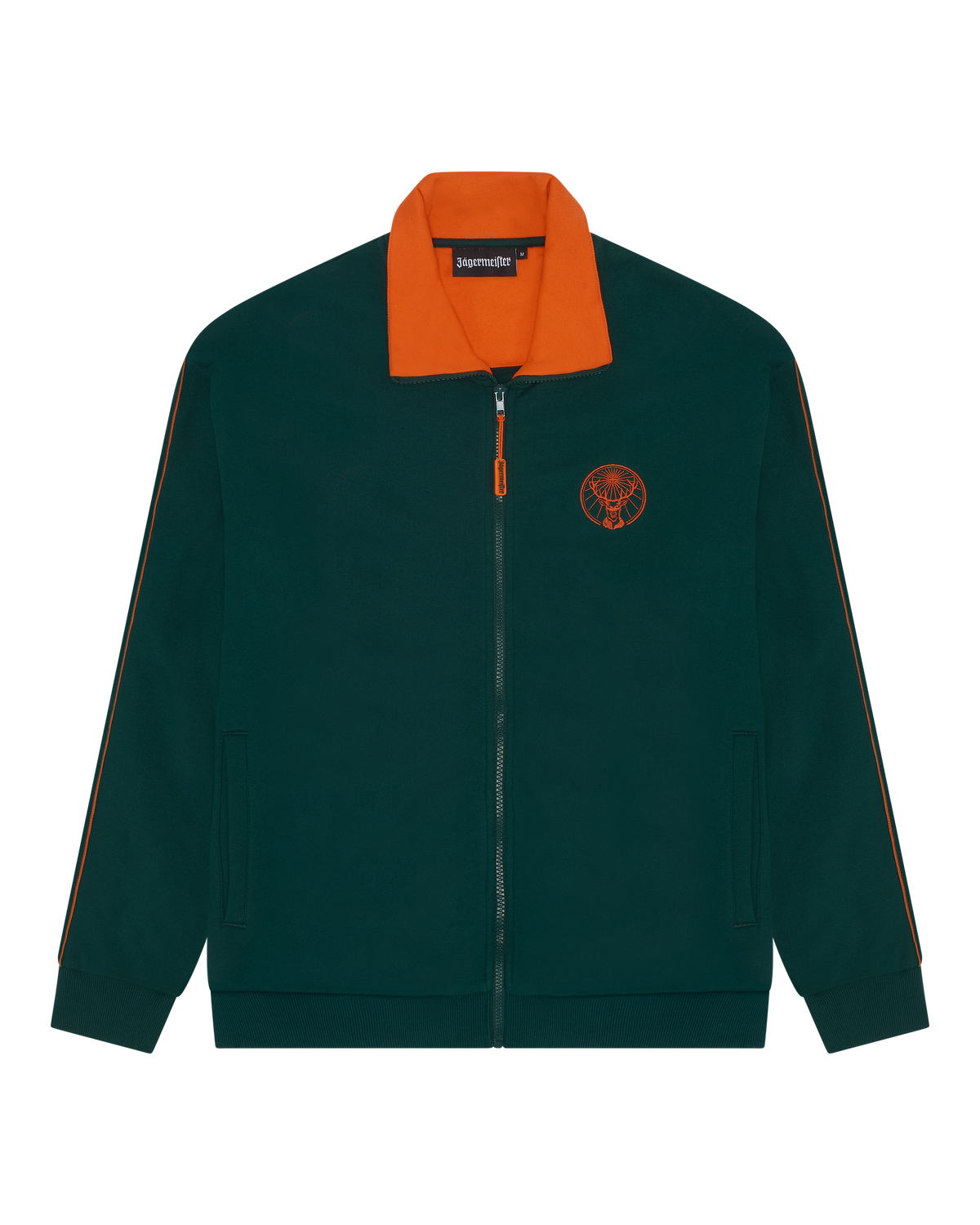 Green Jägermeister track jacket with orange collar and orange Jägermeister logo on the chest.