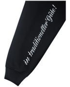 Black sweatshirt sleeve with white text