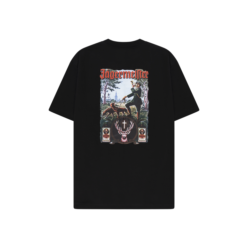 Black t-shirt with Jägermeister tradition graphic design on the back