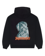 Black hoodie with Jägermeister Waldi graphic and Jägermeister wordmark on the back