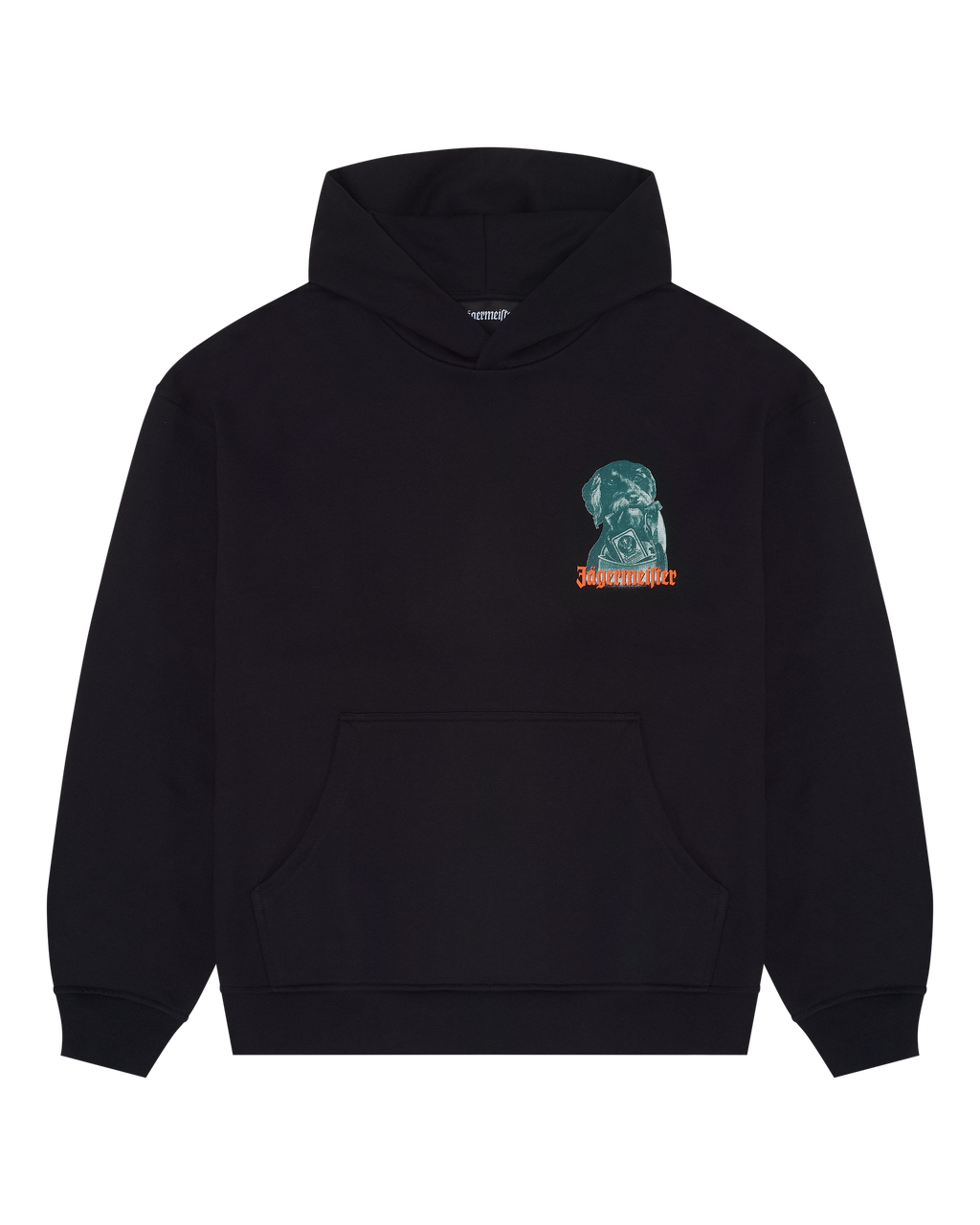 Black hoodie with a small Waldi graphic on the chest.