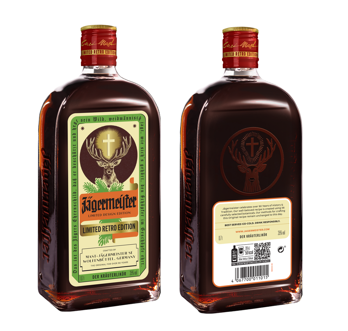 Two retro-bottles of Jögermeister shown side by side, with the front label on the left bottle and the back label on the right bottle.